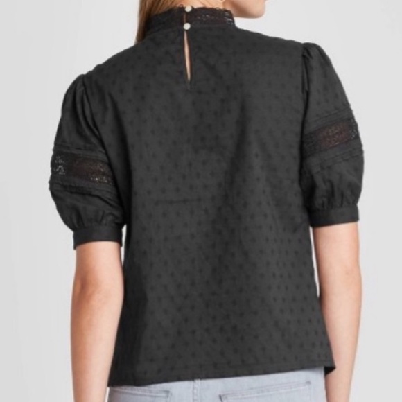 Small Dark Gray Lace Accent Blouse 
With Laser Cut Out Accents NEW! - Picture 2 of 3